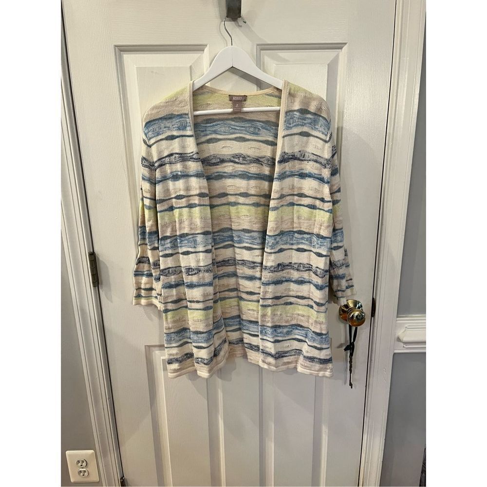 Chico’s Cream Blue Yellow Cloud Knit Open Front Cardigan Sweater sz 2 or L EUC